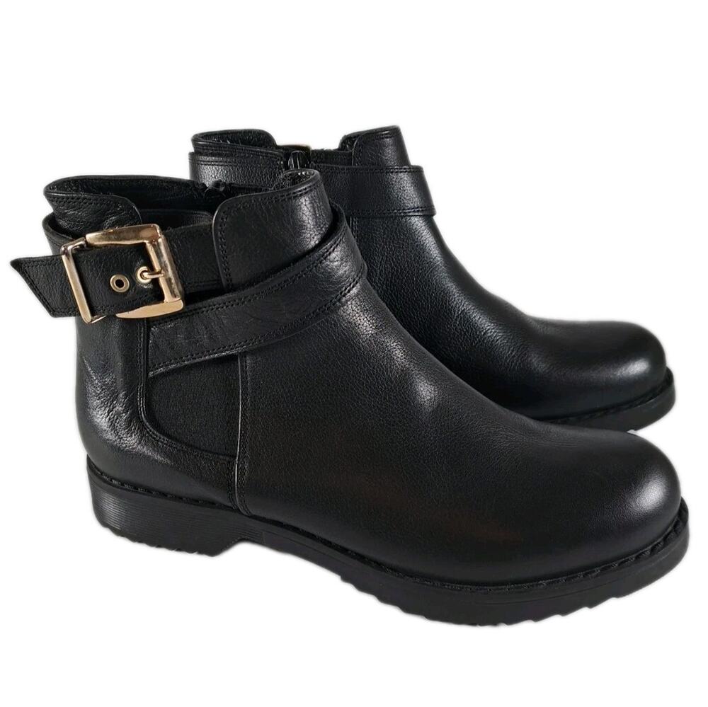 NEW Hotic Chelsea Ankle Boots Womens 38 Black Leather Buckle Side Zip Lug Sole